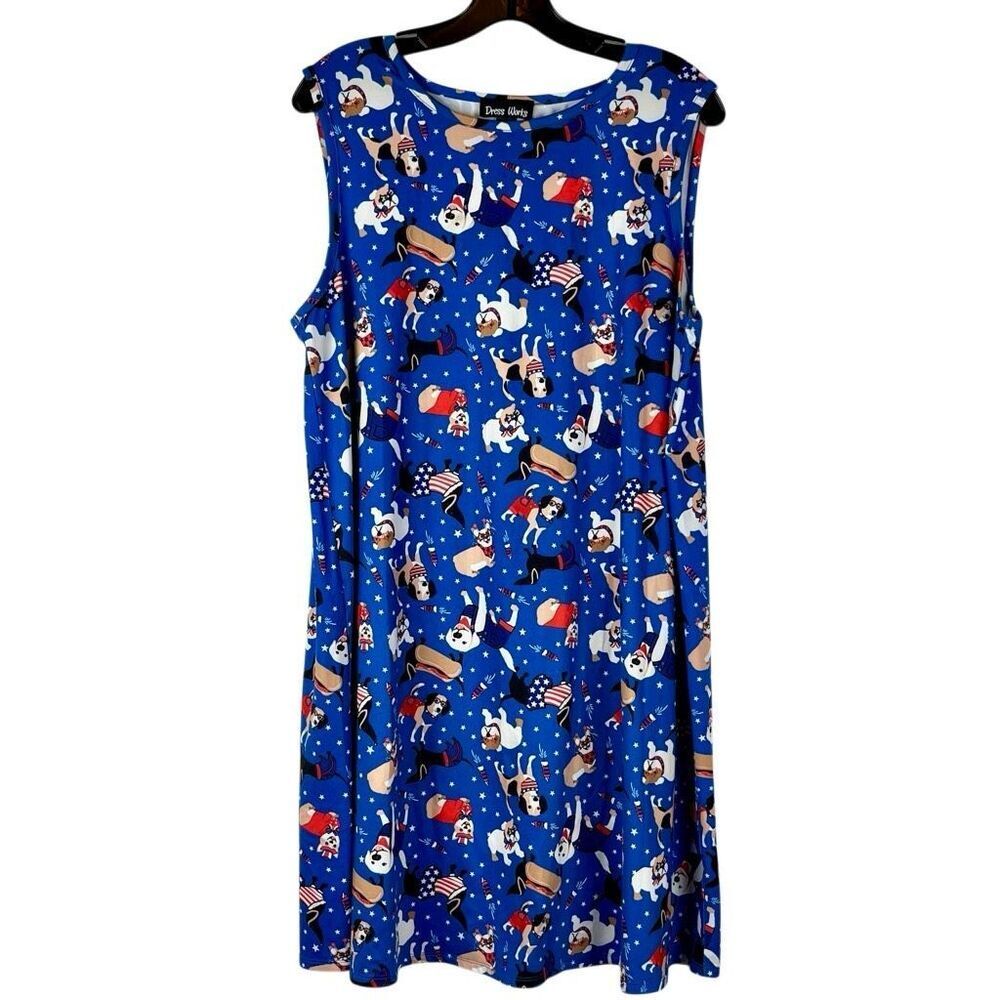 DressāWorks Sleeveless Blue Patriotic Dog Star Swing Dress XL